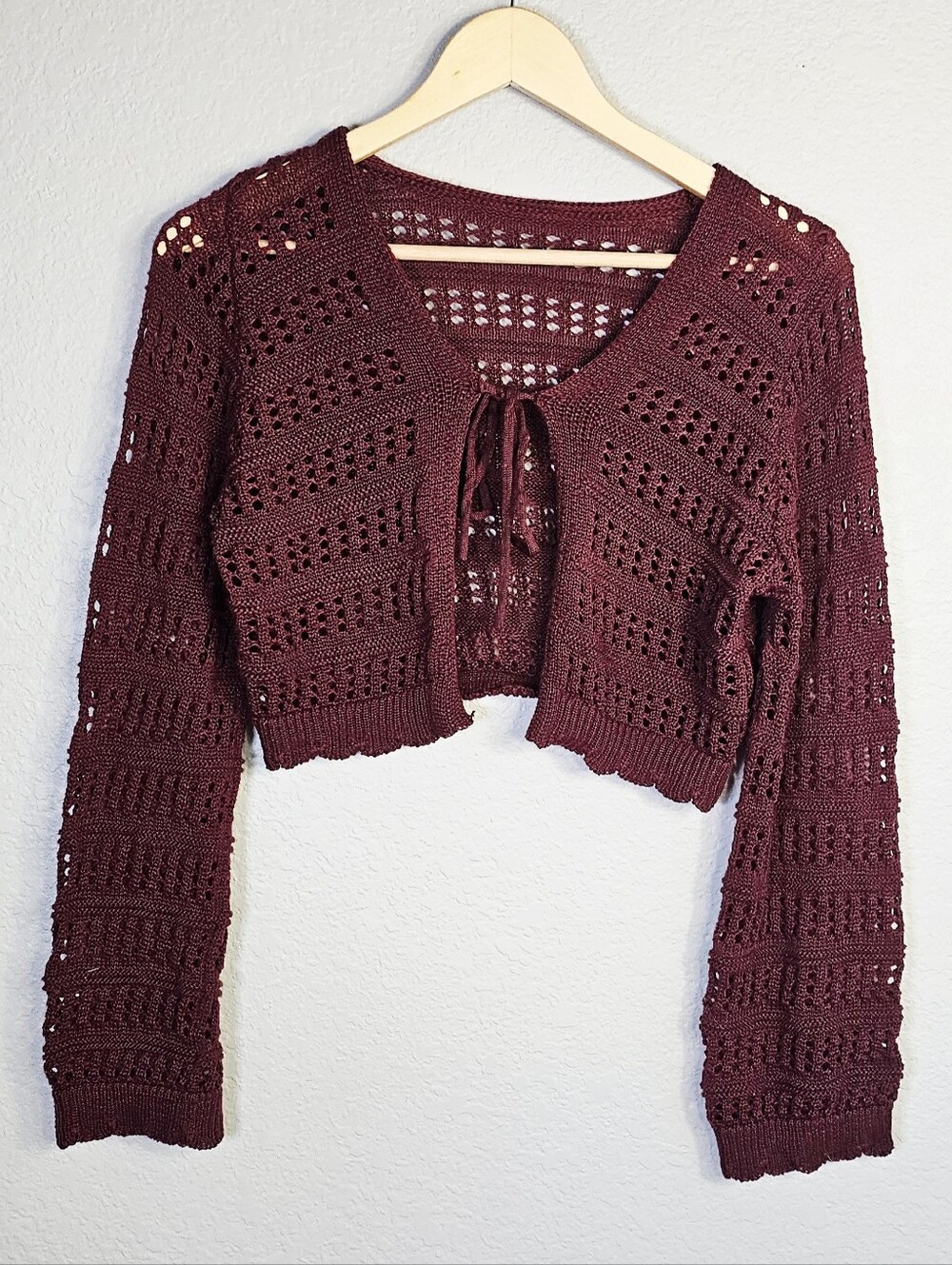 Burgundy Crochet Knit Cropped Bolero Cardigan Tie Front M